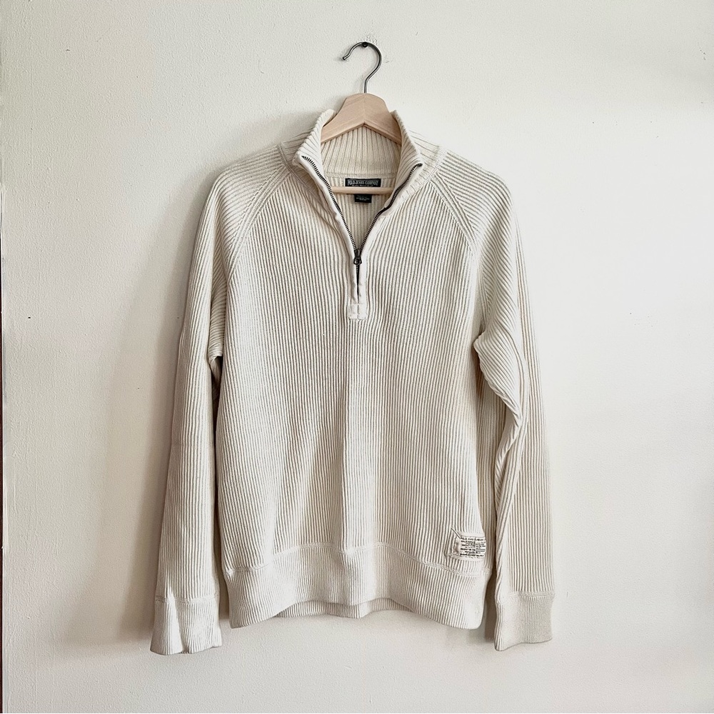 Polo Jean Company Men Quarter Zip Sweater White Ribbed Long Sleeve Cotton Size L